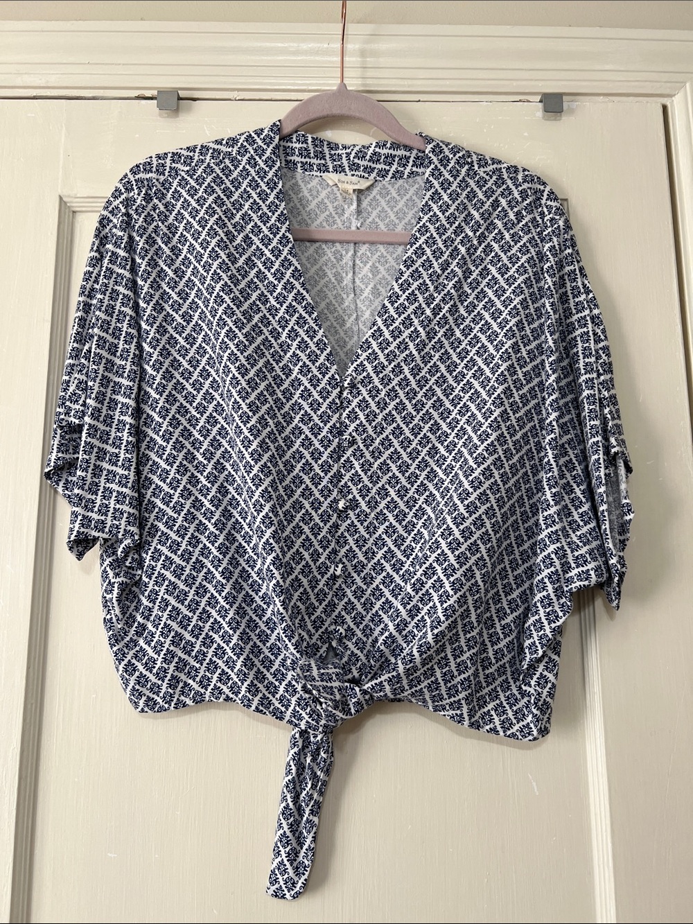 Sim and Sam Woven Navy and White Tie-Front Women's Top